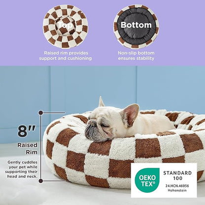 LE SURE Shown on TV Donut Medium Dog Bed - Round Catc Sofa Indoor Anti-Anxiety Calming Bed Gift for Pets, Washable Cute Modern Beds with Jacquard Shaggy Plush & Anti Slip Bottom, 30 Inch, Brwon