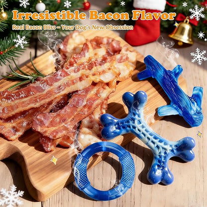 Furdog Indestructible Dog Toys for Aggressive Chewers 3 Pack, Tough Dog Toys for Large Dogs Chew Toys Keep Them Busy, Bacon Flavor, Blue