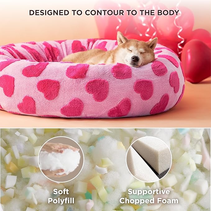 Lesure Shown on TV Donut Large Dog Bed - XL Round Beds Indoor Calming Valentine's Day Gift for Pets, Washable Cute Home Decor Beds with Jacquard Shaggy Plush & Anti Slip Bottom, 36 Inch, Lover Hearts