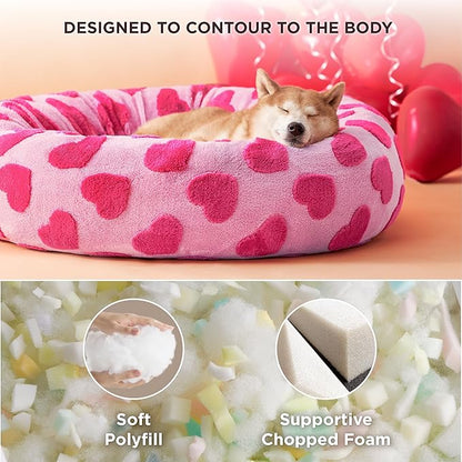 Lesure Shown on TV Donut Large Dog Bed - XL Round Beds Indoor Calming Valentine's Day Gift for Pets, Washable Cute Home Decor Beds with Jacquard Shaggy Plush & Anti Slip Bottom, 36 Inch, Lover Hearts