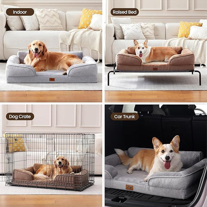 Warmrest Orthopedic Dog Beds for Large Sized Dogs, Waterproof Egg-Crate Foam Pet Couch Bed with Soft Sides, Non-Slip Dog Sofa with Flannel Removable Washable Cover, 35" L Supportive Pet Sofa, Brown