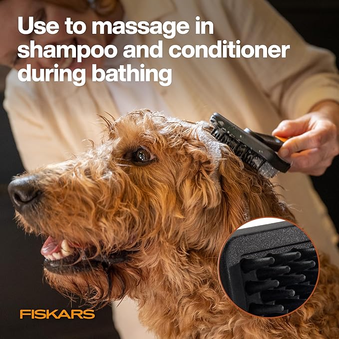 Fiskars Pet, Cat and Dog Brush, Fine Bristles & SoftGrip Handle for Gentle Grooming and Deshedding, Cat and Dog Supplies, Orange/Black