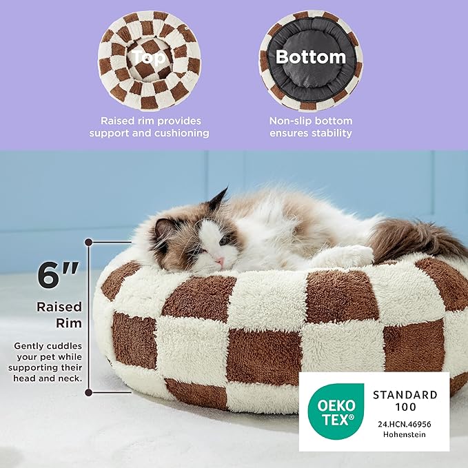 LE SURE Donut Cat Beds for Indoor Cats - Gift for Pets with Washable Cover, Cute Modern Puppy Beds with Jacquard Shaggy Plush & Anti Slip Bottom, 20 Inch, Brown