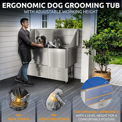 KANIS Professional Dog Washing Station - 304 Stainless Steel Pet Wash Sink & Grooming Bathtub w/Shower, Floor Grates and Storage for Large, Medium & Small Pets (61", 2 Drawers - Right Ramp)