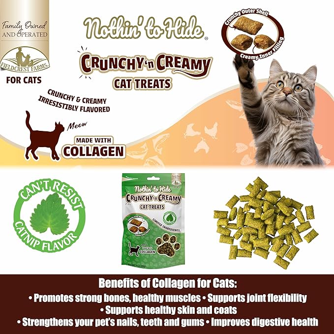 Fieldcrest Farms Nothin’ to Hide Collagen Cat Treats – Crunchy & Creamy Cat Snacks, High-Protein Healthy Treats for Skin, Coat & Joint Support, Catnip Flavor, 3 oz. Bag