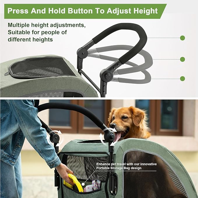 AOPEC Large Dog Stroller - Dual Entry Safety Folding Pet Stroller with Adjustable Handle, All-Terrain 4-Wheel, 160 lbs Weight Capacity for Travel & Outdoor Adventures - Green
