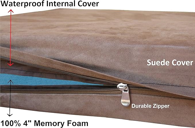 Dogbed4less Medium Large Orthopedic Gel Infused Memory Foam Dog Bed, Waterproof Liner and Washable Microsuede Brown Cover