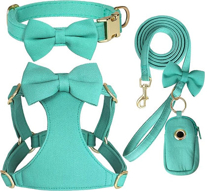 Beirui Adorable Small Dog Harness Collar and Leash Set,Cute XXS Puppy Harness Set with 3 Bows for Tiny Dogs,Chihuahua,Adjustable Step-in Vest for Daily Walking,Parties&Holiday Outfits(Teal,XXS)