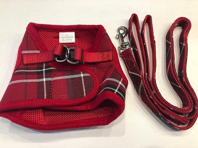 PUPTECK Soft Mesh Dog Harness and Leash Set Step-in Plaid Puppy Padded No Pull Vest Harness for XS Small Medium Sized Dogs Cats Outdoor Walking, Red S