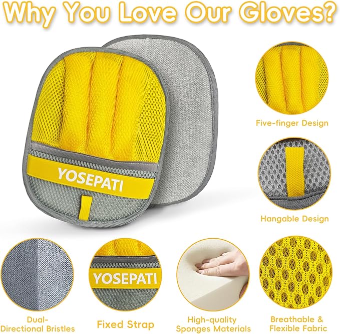 YOSEPATI Thickened Ectrostatic Pet Hair Removal Glove for Cat & Dog, Upgraded Five-Finger Reusable Magic Brush Pet Hair Remover Tool for Couch, Clothing, Carpet & Car Seat (2Pcs-Grey & Yellow)