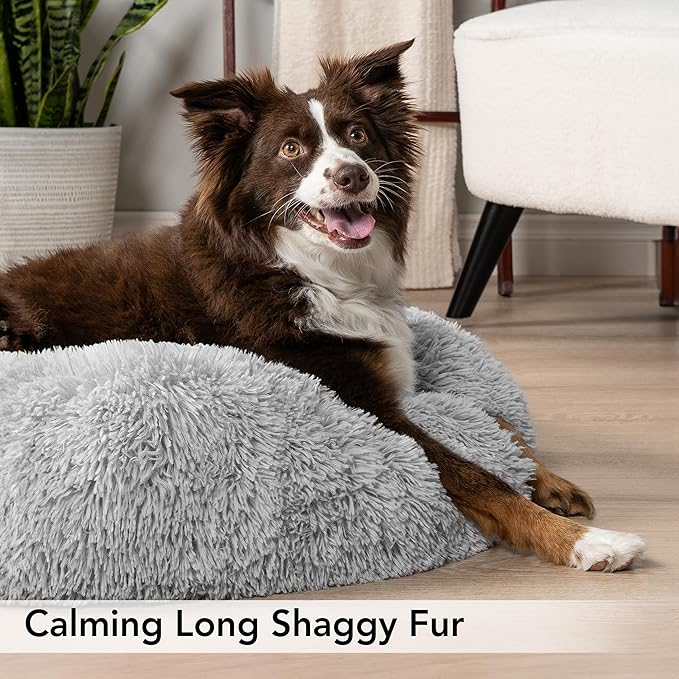 PetAmi Calming Dog Bed for Small & Medium Dogs and Cats, 23” Round Donut Dog Bed, Washable Fluffy Faux Fur Puppy & Cat Bed, Anti-Anxiety Plush Cuddler Pet Bed with Anti-Slip Bottom - Light Gray