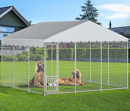 YITAHOME Outdoor Dog Kennel with Rotating Feeder Bowls & UV-Resistant Waterproof Cover, 14.8×14.8×7.9FT Outside Dog Enclosure for Yard, Heavy Duty Dogs Cage for Medium Large Dogs