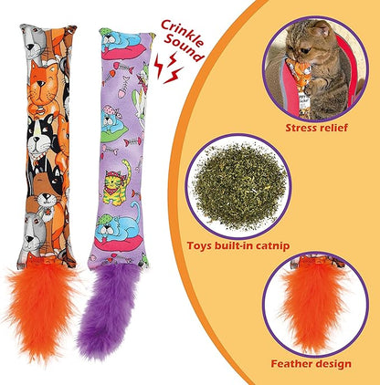 Jumpaws 2 Pack Natural Interactive Catnip Cat Kicker with Feathers, Bite Resistant Chew Toy, Crinkle Kicker, Accessories for Indoor Cat
