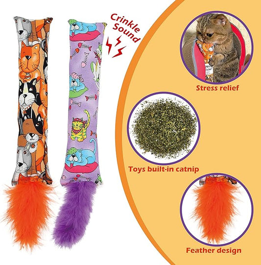 Jumpaws 2 Pack Natural Interactive Catnip Cat Kicker with Feathers, Bite Resistant Chew Toy, Crinkle Kicker, Accessories for Indoor Cat