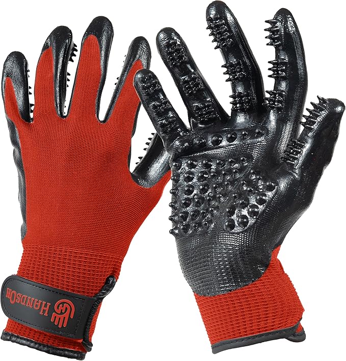 H HANDSON Pet Grooming Gloves - Patented #1 Ranked, Award Winning Shedding, Bathing, & Hair Remover Gloves - Gentle Brush for Cats, Dogs, and Horses (Red, Large)