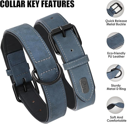 Didog Soft Padded PU Leather Dog Collar, Breathable and Adjustable Dog Collars for Medium Dogs, Comfortable for Daily Walk, Blue, L Fit Neck 13-17"(22-44 lbs)