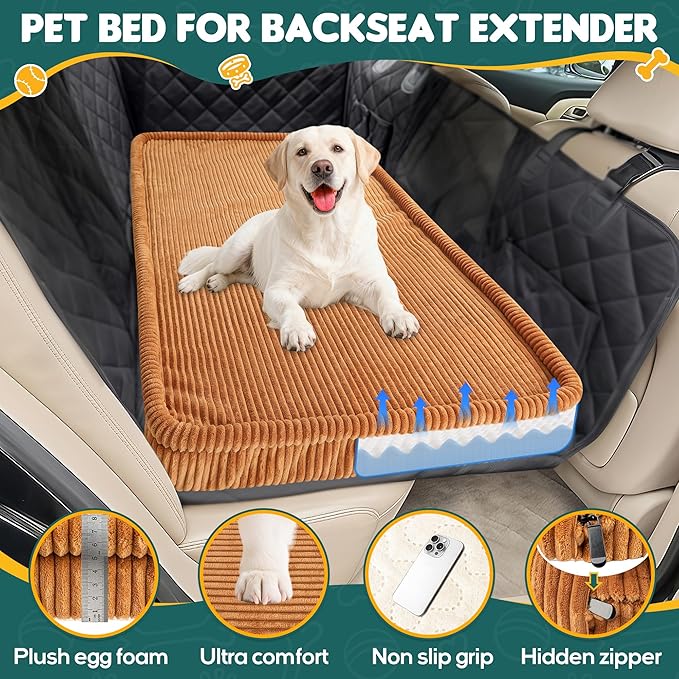 Dog Car Bed, Non-Slip Backseat Extender Pet Mat, Removable Washable Dog Bed for SUVs, Sedans & Trucks, Anti-Slip Travel Bed for Dogs, Easy Clean & Scratch-Proof & Comfort Brown（56"x28.7"