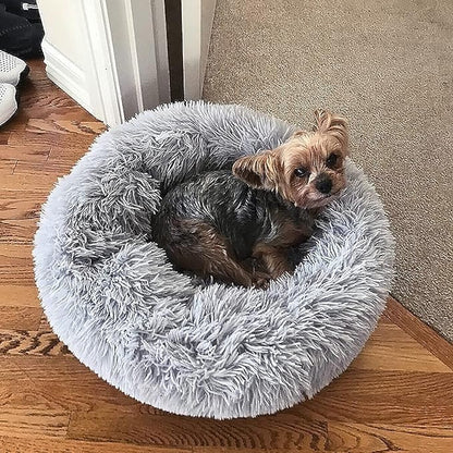 Calming Donut Dogs Beds for Small Dogs Washable,19inch Fluffy Round Puppy Bed for Puppies,Cats & Toy Breeds with Raised Rim,Fits up to 15 lbs Pets,Frost Grey