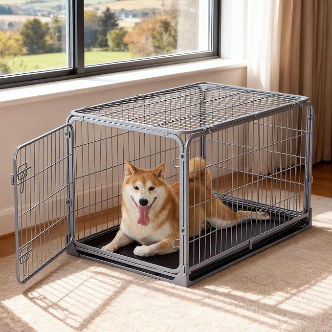 ZOMISIA Foldable Dog Crate for Medium Dogs - 36 inch Escape-Proof Metal Kennel with Double Door, Easy Assembly Collapsible Cage with Removable Tray, Indoor Outdoor Use, Silver Gray