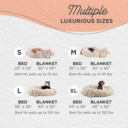 Best Friends by Sheri Bundle Set The Original Calming Shag Donut Cuddler Cat and Dog Bed + Pet Throw Blanket, Taupe, Small, 23x23