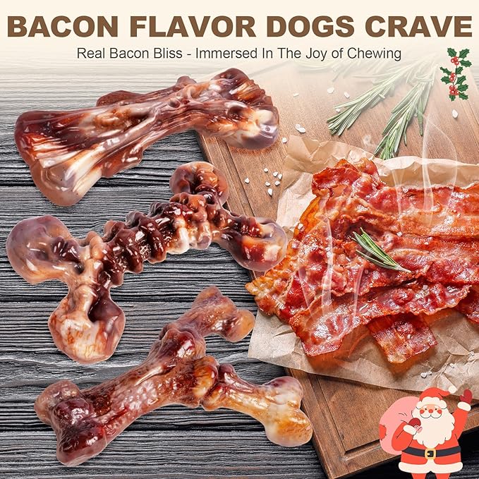 Dog Toys for Aggressive Chewers - 3 Pack Bacon Flavored Indestructible Dog Toy, Big Tough Chew Bone for Medium Large Breed 25-80lbs to Keep Them Busy, Happy Dog Gift (Brown)