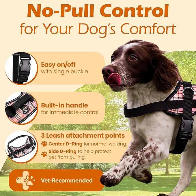 Bark Appeal Pink Plaid No-Pull Dog Harness for Extra Large Sized Pets – Adjustable, Reflective Vest with 3 Leash Clips for Added Control, Easy Walks & Training – XXL