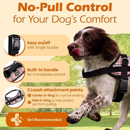 Bark Appeal Pink Plaid No-Pull Dog Harness for Large to Extra Large Sized Pets – Adjustable, Reflective Vest with 3 Leash Clips for Added Control, Easy Walks & Training – XL