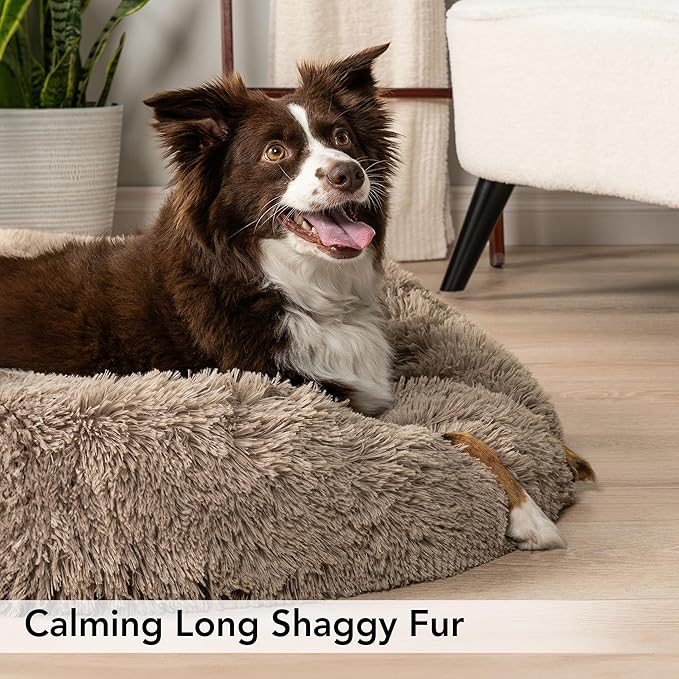 PetAmi Calming Dog Bed for Small & Medium Dogs and Cats, 23” Round Donut Dog Bed, Washable Fluffy Faux Fur Puppy & Cat Bed, Anti-Anxiety Plush Cuddler Pet Bed with Anti-Slip Bottom - Taupe