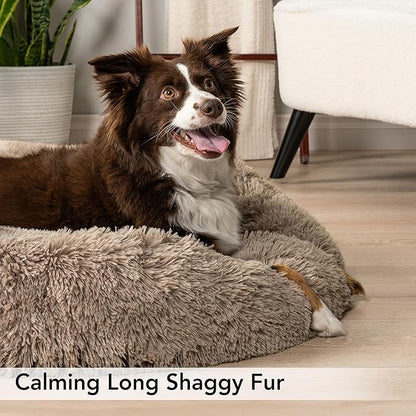 PetAmi Calming Dog Bed for Small & Medium Dogs and Cats, 23” Round Donut Dog Bed, Washable Fluffy Faux Fur Puppy & Cat Bed, Anti-Anxiety Plush Cuddler Pet Bed with Anti-Slip Bottom - Taupe