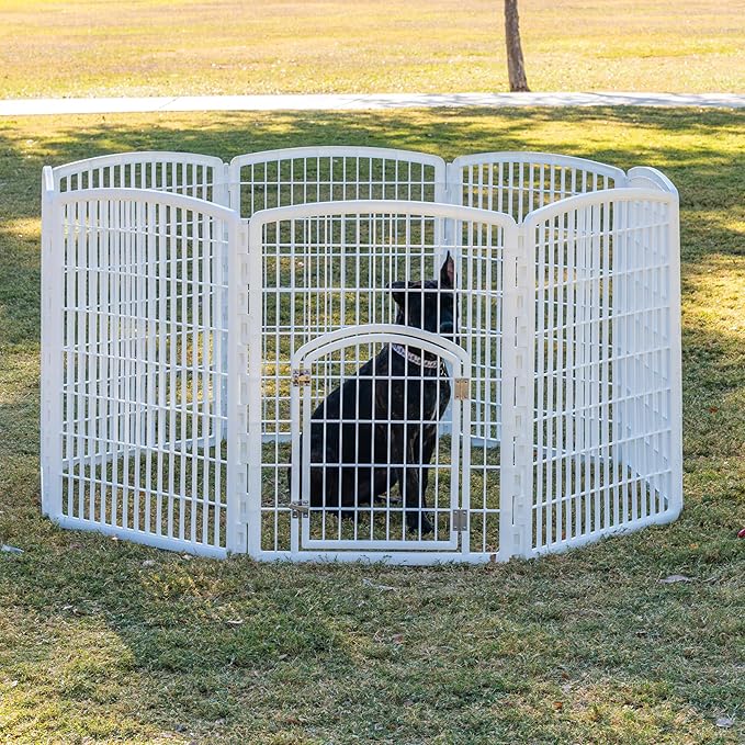 IRIS USA 34" Exercise 8-Panel Pet Playpen with Door, Dog Playpen, Puppy Playpen, Small Medium Large Dogs, Keep Pets Secure, Easy Assemble, Rust-Free, Heavy-Duty Molded Plastic, Customizable, White