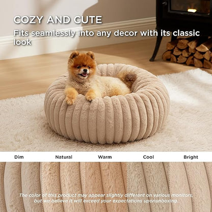 Bedsure Donut Small Dog Bed - Dog Beds for Small Dogs with Corduroy Fleece & Anti Slip Bottom, Round Faux Fur Pet Beds with Washable Removable Cover, Sandy Beige, 23x23x7 inches