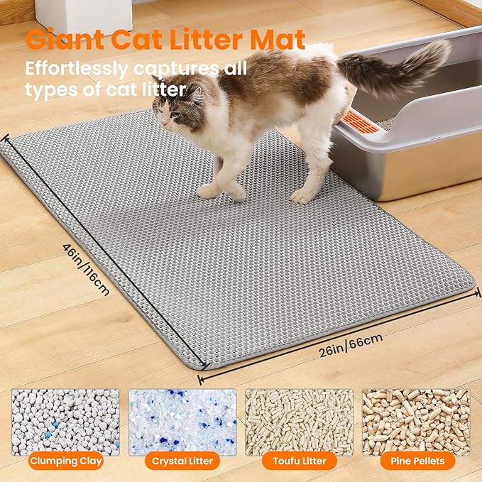 Petinstinct Jumbo Cat Litter Mat, 46x26 Inches Double Layer Honeycomb Litter Trapping Mat, Non Slip Waterproof Urine Proof Extra Large Cat Litter Box Mat, Kitten Supplies and Essentials, XXL, Gray