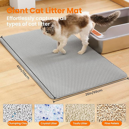 Petinstinct Jumbo Cat Litter Mat, 46x26 Inches Double Layer Honeycomb Litter Trapping Mat, Non Slip Waterproof Urine Proof Extra Large Cat Litter Box Mat, Kitten Supplies and Essentials, XXL, Gray