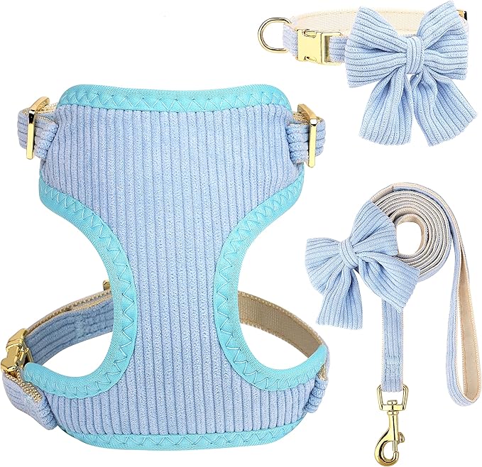 Didog Cute Small Dog Harness Collar and Leash Set with Bowtie, Breathable Soft Mesh Padded Puppy Harness, Dog Harness for Small Dogs Daily Walks Parties, Holiday Gatherings & Gifts, Blue, S
