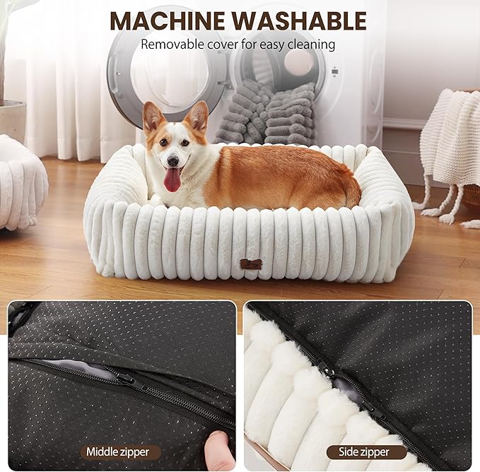 Warmrest Washable Dog Bed for Small Medium Dogs - Rectangle Orthopedic Corduroy Fleece Pet Bed with Removable Cover and Nonskid Bottom, Calming Puppy Bed Soft Pet Sofa, Cream(35x25x9inchs)