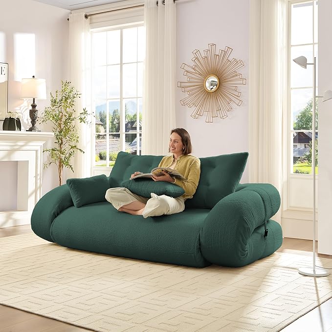 KEIKI 78.7" Foldable Human Dog Bed, 3-in-1 Multi-Functional Sleeper Sofa Bed, Teddy Fabric Foam-Filled Convertible Floor Couch for Living Room, Guest Room, Playroom, Green