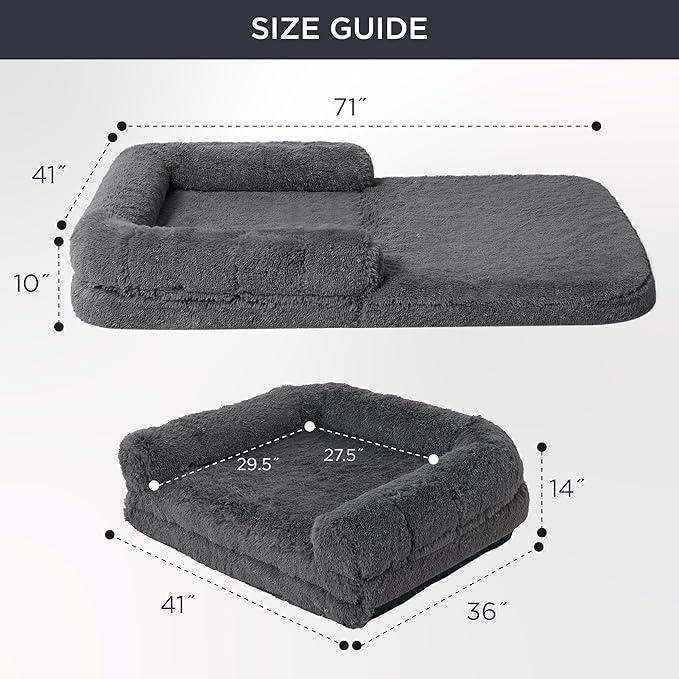 Bedsure Foldable Human Dog Bed - 2 in 1 Flexible Giant Human Dog Bed for Adult People with Supportive Bolster Egg Foam, Waterproof Liner, Calming Fluffy Faux Fur Orthopedic Big Bean Bed, Dark Grey