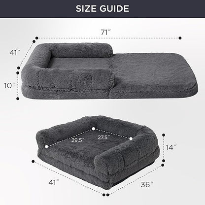 Bedsure Foldable Human Dog Bed - 2 in 1 Flexible Giant Human Dog Bed for Adult People with Supportive Bolster Egg Foam, Waterproof Liner, Calming Fluffy Faux Fur Orthopedic Big Bean Bed, Dark Grey