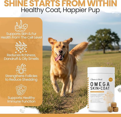 Omega 3 for Dogs - 180 Soft Chew Omega Treats for Skin and Coat - Fish Oil Blend of Essential Fatty Acids, Omega 3 and 6, Vitamins, Antioxidants and Minerals - Made in USA