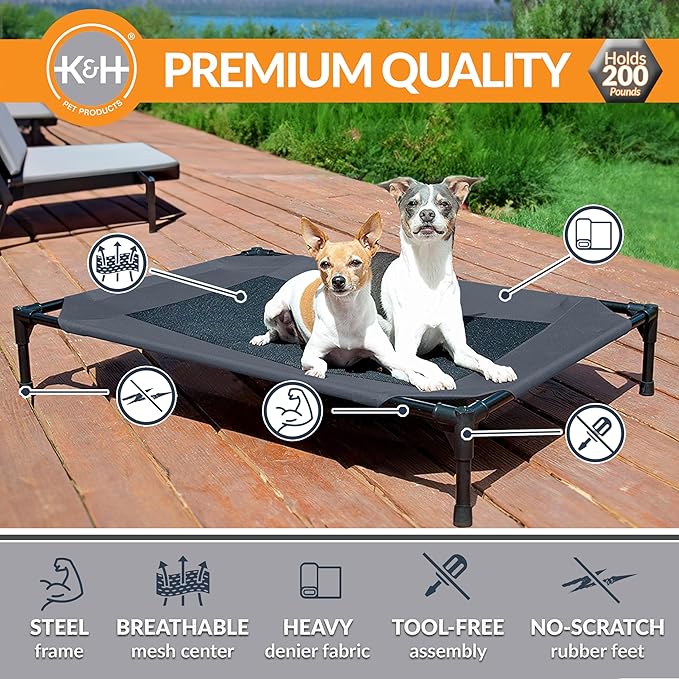 K&H Pet Products Outdoor Elevated Dog Cot, Breathable Cooling Elevated Cot Hammock Pet Bed for Medium Dogs, Washable Mesh Cover, Raised Metal Frame, Collapsible, Portable - Medium 32 X 25in Charcoal