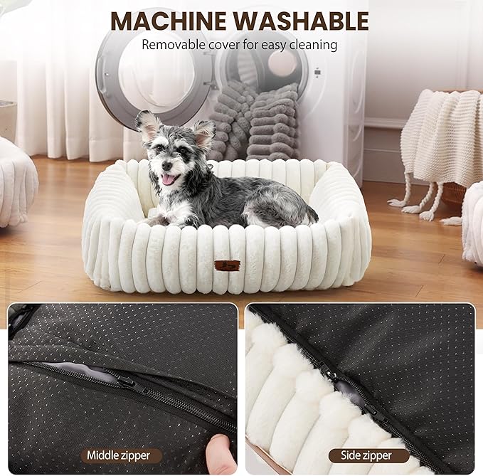 Warmrest Washable Dog Bed for Small Medium Dogs - Rectangle Orthopedic Corduroy Fleece Pet Bed with Removable Cover and Nonskid Bottom, Calming Puppy Bed Soft Pet Sofa, Cream(20x19x6inchs)