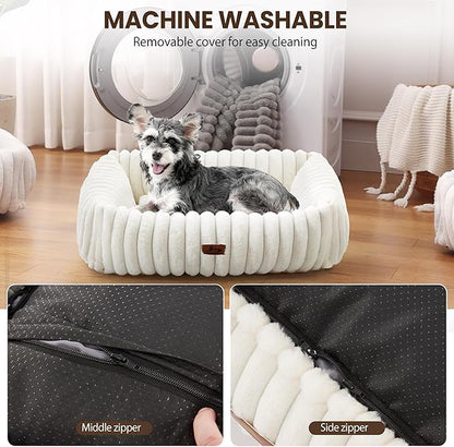 Warmrest Washable Dog Bed for Small Medium Dogs - Rectangle Orthopedic Corduroy Fleece Pet Bed with Removable Cover and Nonskid Bottom, Calming Puppy Bed Soft Pet Sofa, Cream(20x19x6inchs)