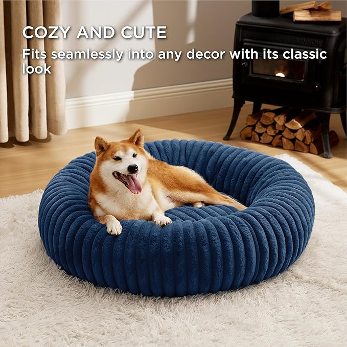 Bedsure ComfyFleece Donut Large Dog Bed - Washable Faux Fur, Corduroy Fleece & Anti Slip Bottom, Round Pet Beds with Removable Cover, Night Blue, 36x36x8 inches