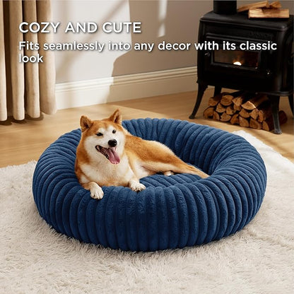 Bedsure ComfyFleece Donut Large Dog Bed - Washable Faux Fur, Corduroy Fleece & Anti Slip Bottom, Round Pet Beds with Removable Cover, Night Blue, 36x36x8 inches