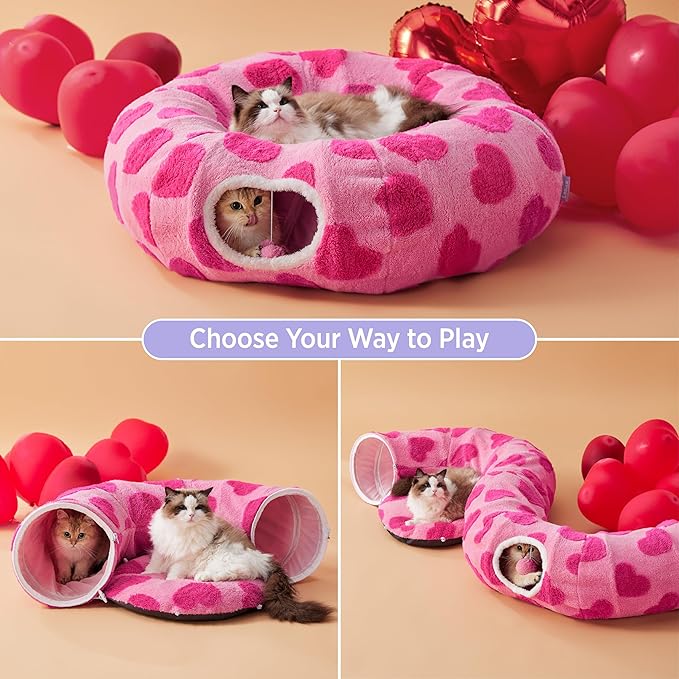 Lesure Cat Tunnel Bed for Indoor Cats - Cute Cat Donut Tunnel Toys with Washable Circle Cushion, Valentine's Day Gifts for Cats, Round Pet Peekaboo Cave Toy for Kitten, Standard Lover Hearts