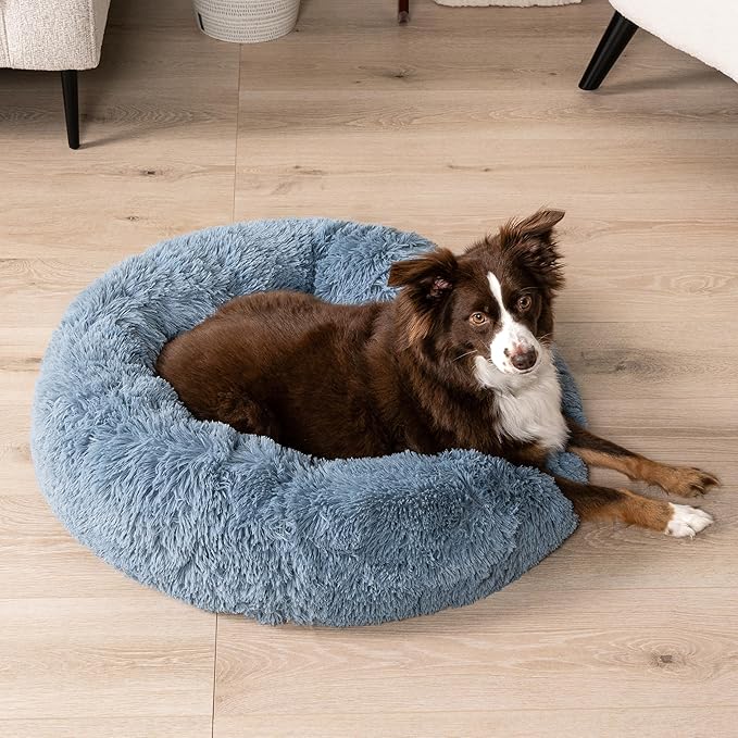 PetAmi Calming Dog Bed for Small & Medium Dogs and Cats, 30” Round Donut Dog Bed, Washable Fluffy Faux Fur Puppy & Cat Bed, Anti-Anxiety Plush Cuddler Pet Bed with Anti-Slip Bottom - Blue