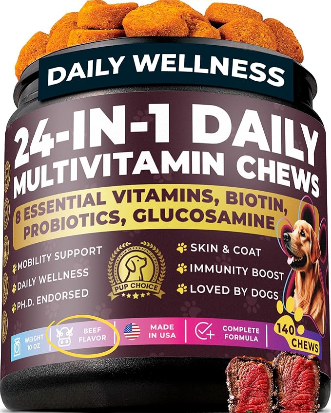 24-in-1 Daily Multivitamin Dog Chews – Beef Flavor – All-in-One PhD-Endorsed Support for Joints, Skin & Coat, Digestion, Immunity, Gut Health, Glucosamine, Omega-3, Probiotics & Antioxidants 140 Chews