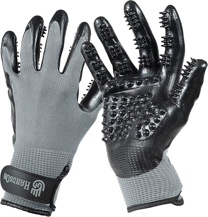 H HANDSON Pet Grooming Gloves - Patented #1 Ranked, Award Winning Shedding, Bathing, & Hair Remover Gloves - Gentle Brush for Cats, Dogs, and Horses (Grey, Medium)