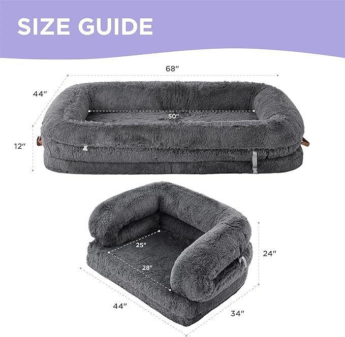 LE SURE Foldable Human Dog Bed - 3 in 1 Flexible Giant Human Dog Bed for Adult People with Supportive Bolster Egg Foam, Waterproof Liner, Calming Fluffy Faux Fur Orthopedic Big Bean Bed, Charcoal