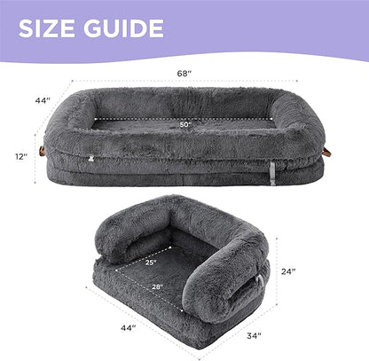 LE SURE Foldable Human Dog Bed - 3 in 1 Flexible Giant Human Dog Bed for Adult People with Supportive Bolster Egg Foam, Waterproof Liner, Calming Fluffy Faux Fur Orthopedic Big Bean Bed, Charcoal